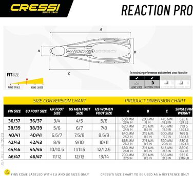 Ласти Cressi Reaction Pro для дайвінгу, фрідайвінгу та снорклінгу, унісекс, розмір 46/47, жовті/сріблясті
