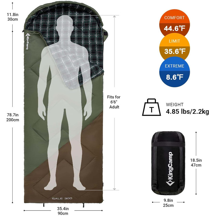 Сплячий мішок KingCamp для дорослих, зимовий | Фланелевий, теплий, 3-4 сезонний, великий, легкий, водостійкий, 2,2 кг, Beangreen/Braun (для кемпінгу, трекінгу, хайкінгу)