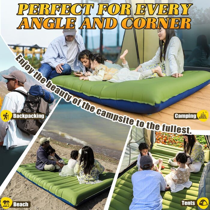Каремат для кемпінгу, надувний, з інтегрованою помпою, компактний, для подорожей та походів (зелений)