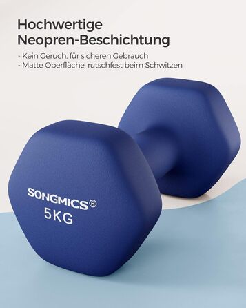 Гантелі SONGMICS 2 x 5 кг, неопрено́ві, шестигранні, набір для силових тренувань вдома, сині