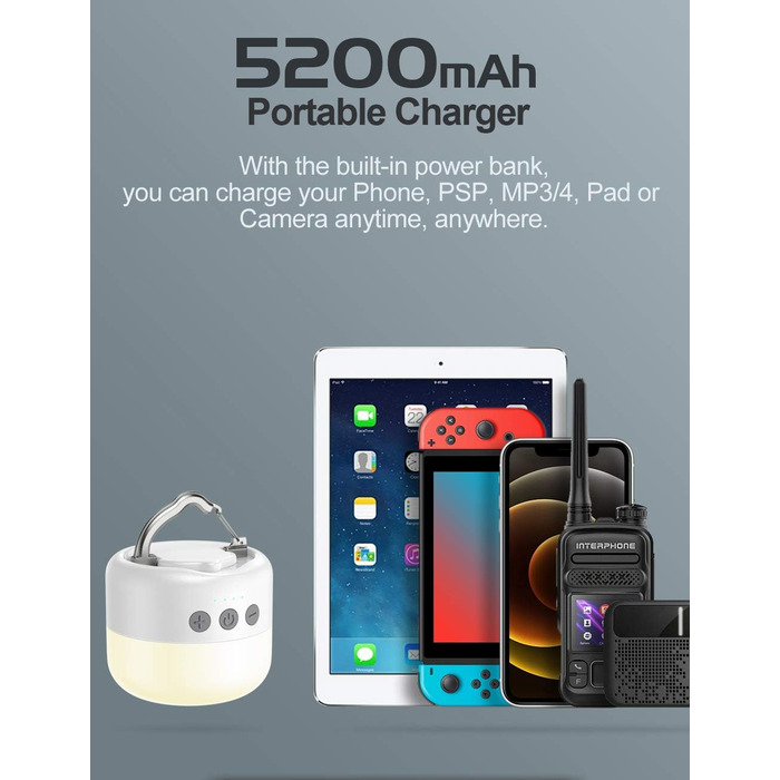 Ліхтар кемпінговий LED WhiteC, акумуляторний USB, 5200 mAh, 4 режими яскравості, димер, магнітний, для туризму та надзвичайних ситуацій