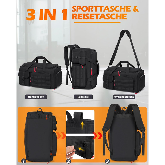 Спортивна сумка RAINSMORE 3 в 1 для чоловіків, 45 л: рюкзак, сумка-переноска, з відділенням для взуття, ноутбука та мокрого одягу, чорна