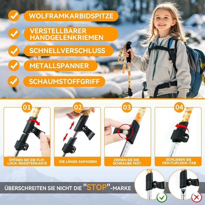 Дитячі телескопічні трекінгові палиці UnderwoodAggregator для походів та лиж, легкі алюмінієві палиці для дітей 6-12 років, жовті, 2 шт.