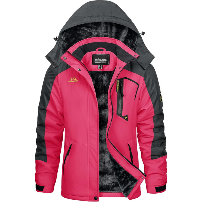 Зимова куртка KEFITEVD Daen з підкладкою з флісу, тепла перехідна куртка-скі-куртка з капюшоном та кишенями на блискавці, вітронепроникна, для сноуборду (S, Рожево-червоний)