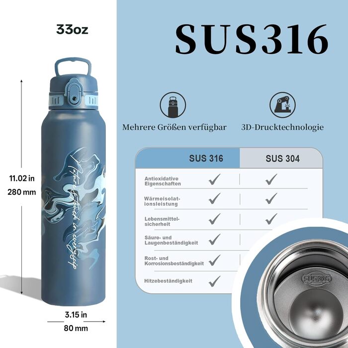 Фляга для води UZSPACE 1л (970мл) з нержавіючої сталі, термофляга з 1-кліком відкриття, 100% без витоку, для спорту, туризму, фітнесу, тренажерного залу, на вулицю, колір: лісовий зелений