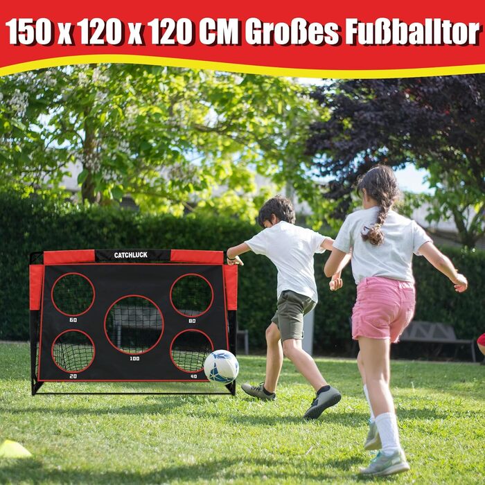 Дитячі футбольні ворота CATCHLUCK 2-в-1 для саду, 150x120x120 см, з 5 отворами для ударів, сумкою та кілочками, червоні