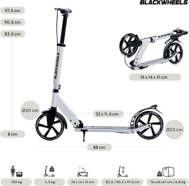 Самокат Blackwheels Orio Cityroller 200мм, складаний, білий - алюмінієвий, з регулюванням висоти, ABEC 7, для підлітків та дорослих