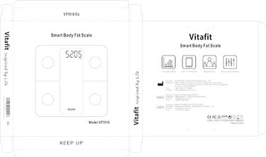 Ваги для вимірювання жиру та м'язової маси Vitafit з Bluetooth, аналіз складу тіла, додатком, індексом маси тіла, білками, BMR, сріблясті