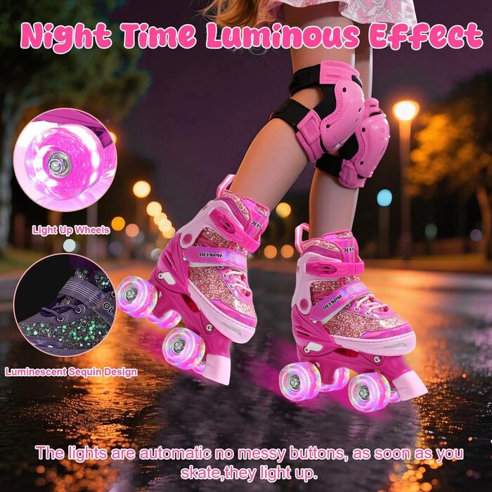 Ролики для дівчаток, 4 розміри, світловідбиваючі, ролики з підсвічуванням, для початківців, подарунок на Новий рік та день народження, S (EU28-31), рожеві