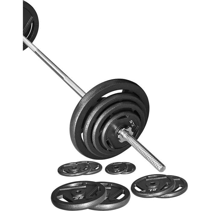 Набір чавунних стандартних гантельних дисків Signature Fitness з 1,5 м штангою та замками, 43,1 кг (38,6 кг диски + 4,5 кг штанга), стиль №3