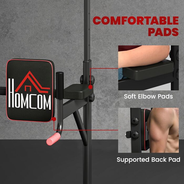 HOMCOM Турнік Power Tower з регулюванням, багатофункціональна фітнес-станція, 189-239см, сталь, чорний/червоний