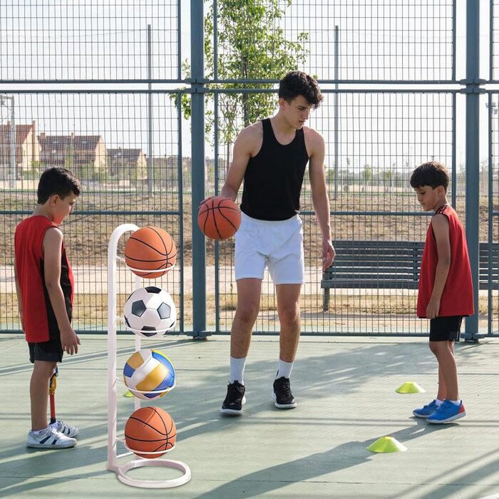 Стійка для зберігання м'ячів: баскетбол, футбол, волейбол - металева, 4 шари, біла