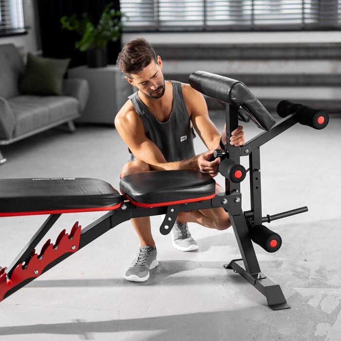 Регульована лавка Hop-Sport HS-1095 з підставкою для штанги та пюпітром для біцепса – тренувальна лава для жиму лежачи