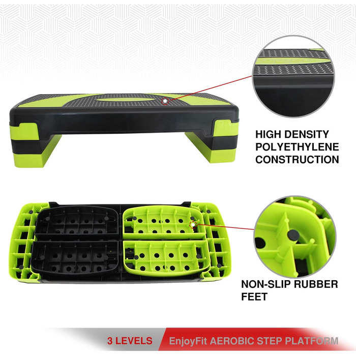 Аеробічний степ-платформа EnjoyFit XL преміум, 3-рівнева висота, 78x30x10/15/20 см, зелено-чорна