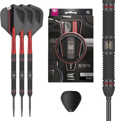Професійний набір сталевих дротиків Target Darts Scope Swiss Point, 90% вольфрам, червоно-чорні, 21-25 г, з інструментом