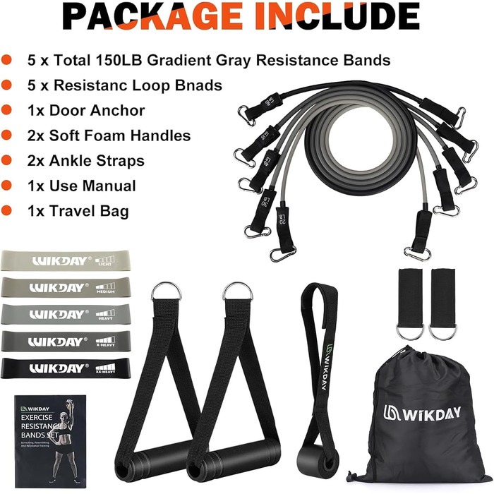 Еластичні гумки WIKDAY для фітнесу: набір з ручками, фіксатором для дверей та ремінцями для щиколоток. Ідеально для силових тренувань, кроссфіту та розтяжки вдома. Максимальне навантаження: 90,7 кг.