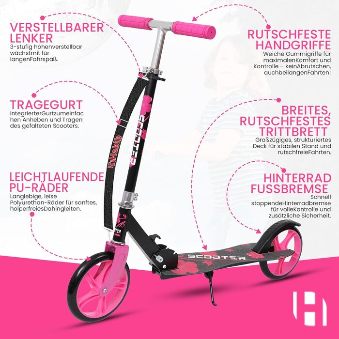 Дитячий ролер Habib Kickroller – складний, регульована висота, великі колеса, до 80 кг, для міста (рожевий)