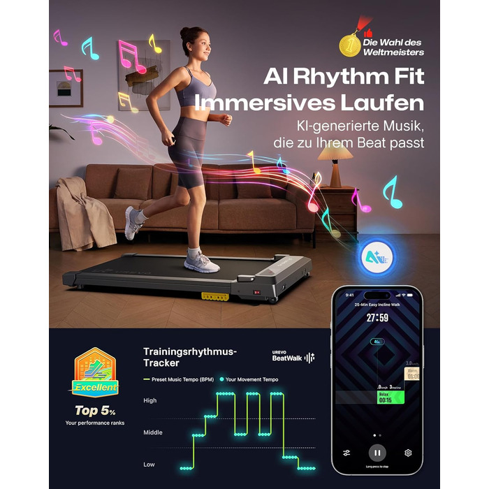 UREVO Smart Walking Pad - компактне тихе бігове полотно з амортизацією, фітнес-додаток, для дому/офісу, 2.5 PS, чорний [107T x 49B]