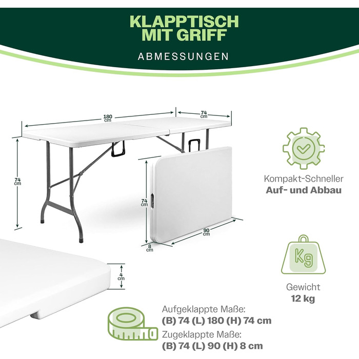 Складаний туристичний стіл Blumixx 180x74x74 - Легкий, стійкий, для кемпінгу, саду, балкону, фестивалів та відпочинку на природі.