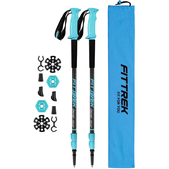 Тrekking-палиці FitTrek: телескопічні палиці для трекінгу та Nordic Walking, легкі, регульовані, з гумовими амортизаторами, підходящі для жінок, чоловіків та дітей (алюміній 6061, блакитні)