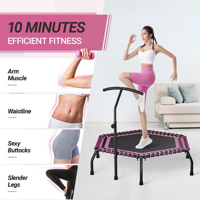 Міні-батут для дорослих, 121,9 см, батут для фітнесу, домашній та вуличний, з T-поручнем (рожевий)