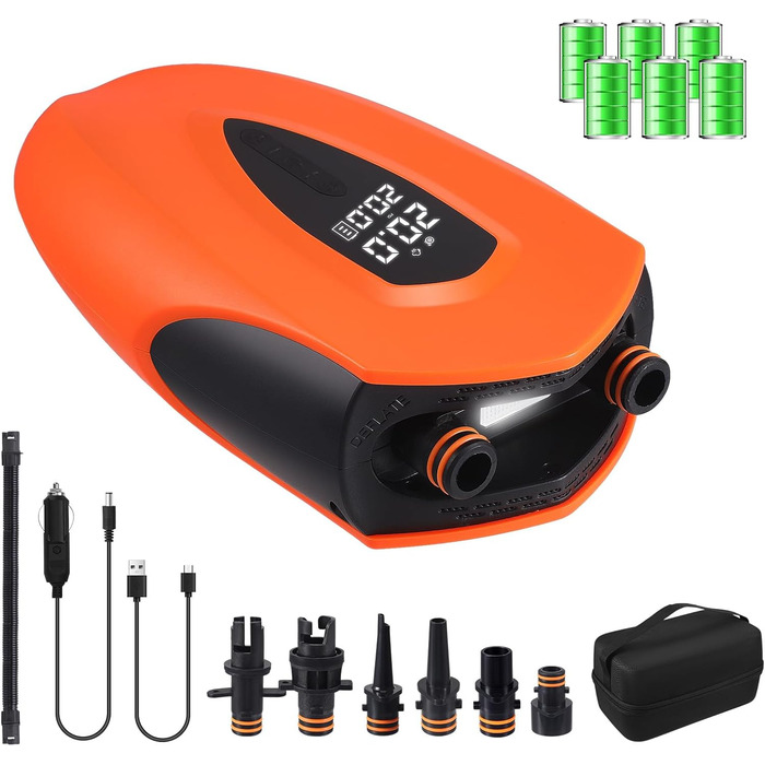 Електричний насос для SUP з акумулятором 12000mAh, 20PSI, 6 насадок для надування/здування, 12V DC, автовимкнення, для SUP, серфінгу, наметового обладнання, матраців