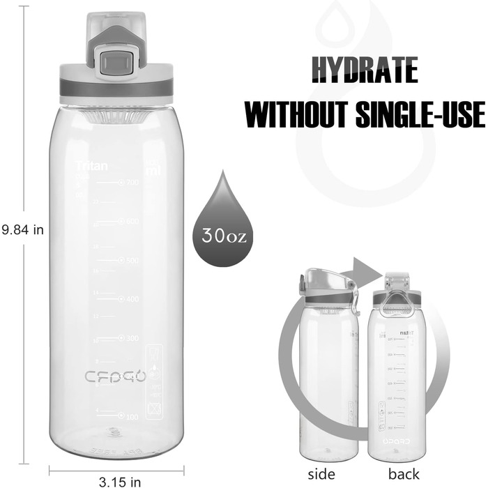 Спортивна пляшка для води Opard 900 мл з герметичним кришкою, без BPA, Tritan, для фітнесу (блакитно-сірий градієнт), швидке пиття, прозора