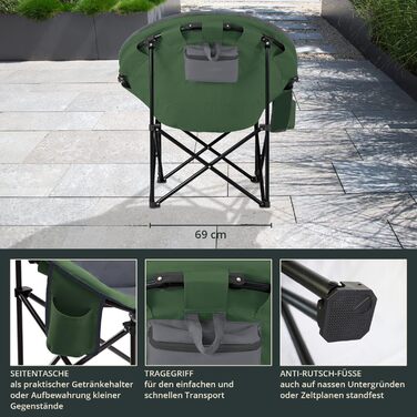 Крісло для кемпінгу Skandika Moonchair Sirkka | Зручне, складне, з кишенею-холодильником, тримачем для напоїв, ручкою та сумкою, антиковзні ніжки, до 150 кг, зелено-сіре