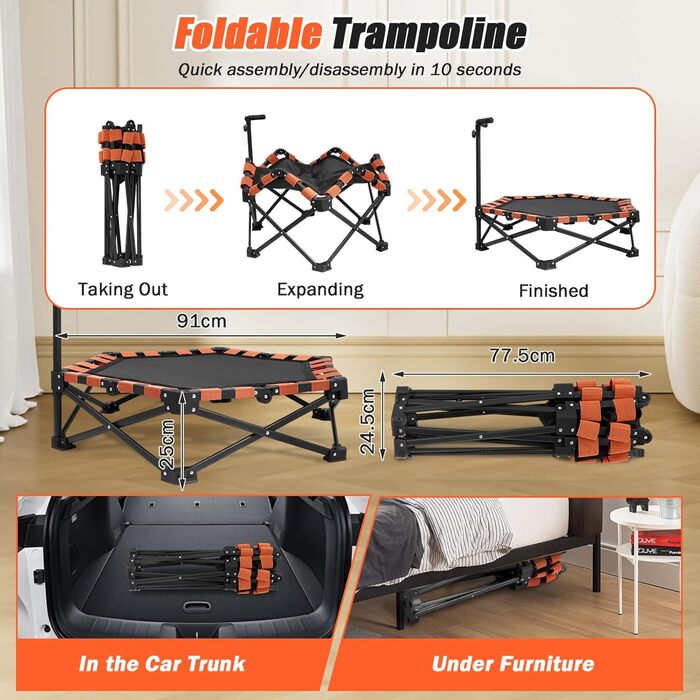 Міні-трамплін складний, вантажопідйомність 150 кг, портативний тренажер-відскочистий трамплін з регульованою ручкою з піни 41/42/45 дюймів, для дорослих та дітей, чорний/оранжевий