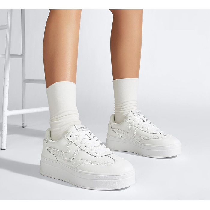 Жіночі кросівки на платформі LUCKY STEP – модні масивні кросівки, зручні шнурівки для повсякденного носіння та прогулянок з прошитими деталями, чорно-білі (білі, 42 EU)