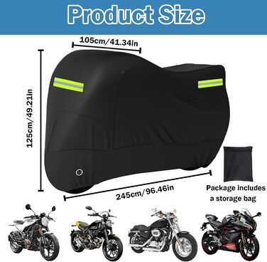 Захисний чохол для мотоцикла Motorrad з відбиваючими смугами, чорний, 245x105x125 см