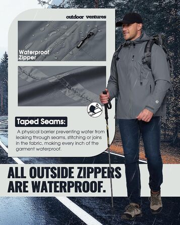 Чоловіча водонепроникна куртка Outdoor Ventures: дихаюча вітрівка для велосипеда, хайкінгу та кемпінгу, компактна, сіра (L)