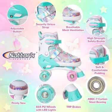 Дитячі ролики Nattork для дівчаток та хлопчиків, регульовані, 4 розміри, ролики на 4 колесах з малюнком метеликів та квітів, подарунок на день народження для занять спортом в приміщенні та на вулиці, розмір M (EU 32-36), Petrol