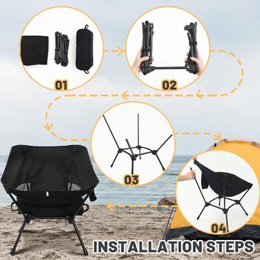 Складний туристичний стільчик для кемпінгу, Ultraleicht, регульована висота, з кишенями, компактний, для пікніків, риболовлі, саду, походів, спорту, відпочинку на природі, чорний