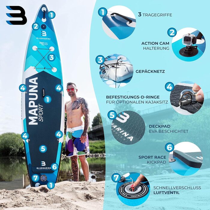 Надувна дошка для SUP Bluemarina Mapuna, 330x76x15 см, до 200 кг, комплект для сапсерфінгу, гарантія 5 років