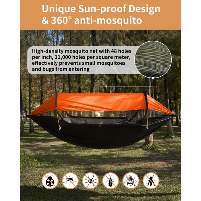 Гамак-намет Travel Bird з москітною сіткою та сонцезахистом, 290x140 см, великий простір, багатофункціональний, легкий, з ременями для кріплення до дерева, підходить для кемпінгу та відпочинку на природі (зелений/помаранчевий)