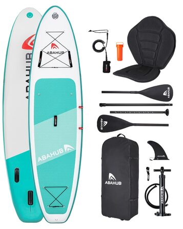 SUP дошка Abahub надувна, комплект для Stand Up Paddling (блакитна/зелена/помаранчева/червона), з регульованим алюмінієвим веслом та сидінням для каякінгу, 320x78x15 см, зелена