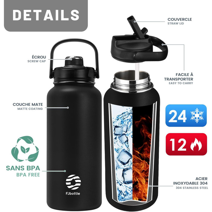 Термос-бутилка Fjbottle з нержавіючої сталі зі соломинкою, 950/1200 мл, 2 кришки, BPA-free, герметична спортивна пляшка для води, для газованих напоїв, школи, фітнесу, велосипеда