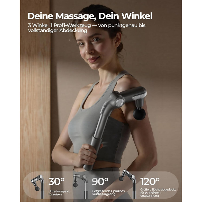 Масажер для тіла KingPavonini з висувним руків'ям та відкидним голівкою: масажна пістолета для спини з 3 кутами налаштування та 4 насадками, подарунок для чоловіків та жінок (сірий)