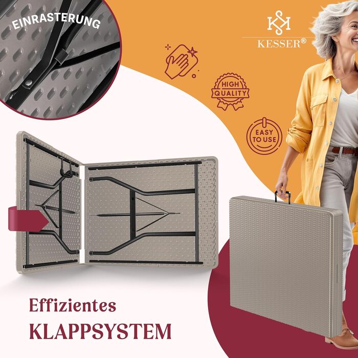 Стол буфет KESSER® розкладний, пластиковий, 183x76 см, ротанг, для кемпінгу, вечірок, саду, тераси, балкону, 6 осіб, з ручкою, коричневий