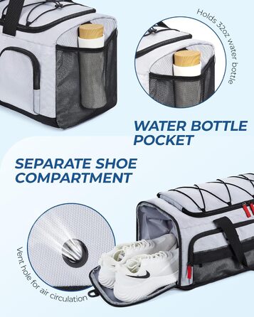 Спортивна сумка BAGSMART для жінок і чоловіків, водонепроникна з відділенням для взуття та вологих речей, для фітнесу, подорожей, басейну, світло-сіра