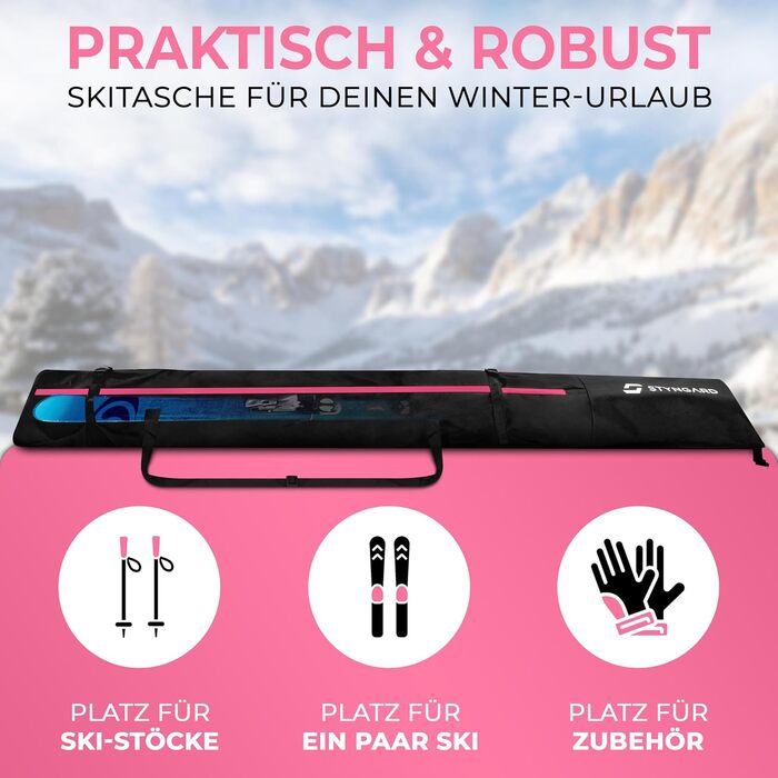 Чохол для лиж STYNGARD Helsinki, чорно-рожевий, 140-200 см, міцний матеріал, якісна фурнітура