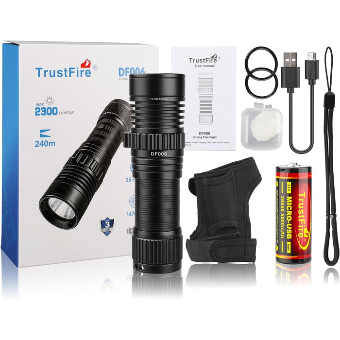 Ліхтар під водою Trustfire DF006, 2300 люмен, 100 метрів глибини, 3 режими, перезаряджається, з петлею, чорний