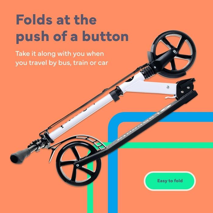 Lascoota Роликовий самокат для дітей від 8 років - дорослий, складний, регульована висота, амортизація переднього колеса, ремінь на плече, колеса 20 см, великий самокат для підлітків, колір: блакитний