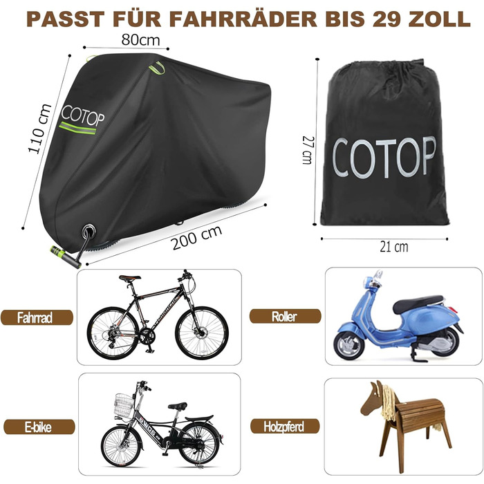 Водонепроникний чохол для велосипеда COTOP 210T Nylon, 200 x 80 x 110 cm, з захистом від крадіжок, для велосипедів, електровелосипедів та ролерів