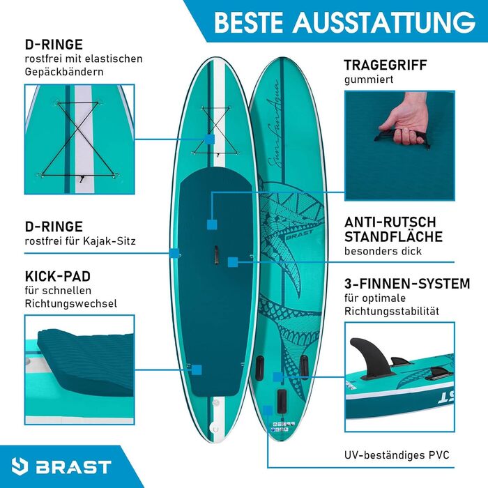 Надувна SUP-дошка BRAST Shark 300-320 см з аксесуарами: весло 2-в-1, сидіння для каяка, тримач для камери, ремінь на ногу, насос, рюкзак, гарантія 5 років
