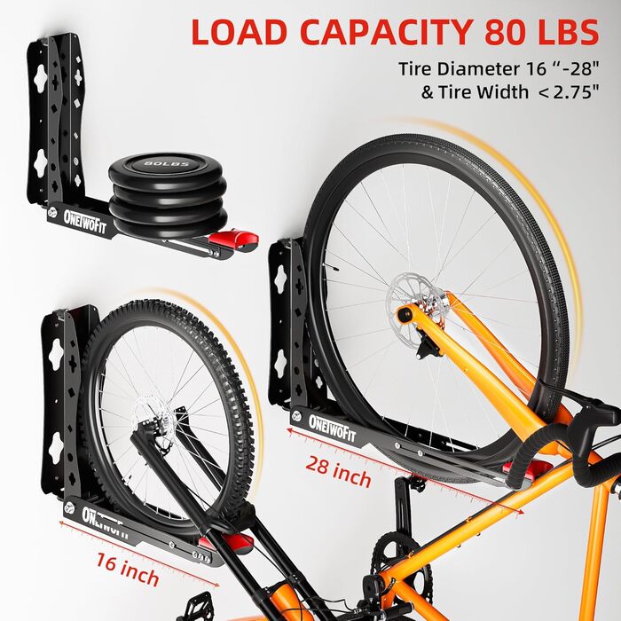 Настінна підставка для велосипеда ONETWOFIT, 35 кг, чорна, 1 шт.