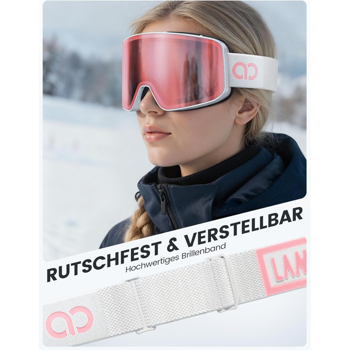 Ламмікал - снігові окуляри для жінок та чоловіків, захист від запотівання, дзеркальні, для носіїв окулярів, UV400, захист від відблисків, білий каркас, рожевий колір (VLT: 28%)