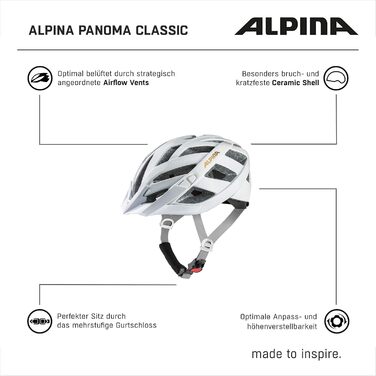 Велошолом ALPINA PANOMA CLASSIC для дорослих, білий-глос, 52-57 см, оптимальна вентиляція, легкий, можливість LED-підсвітки