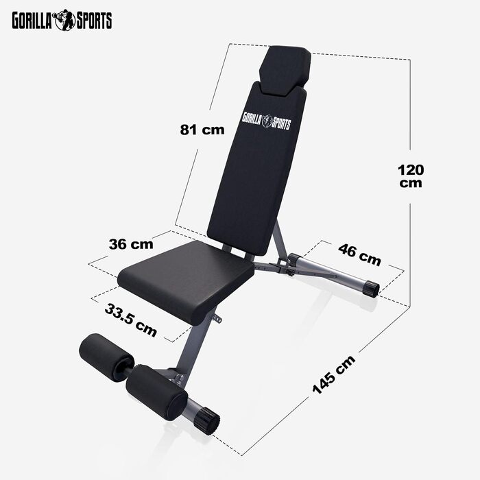 GORILLA SPORTS® Складана лавка для жиму, 8-позиційна спинка, 4-позиційне сидіння, з утримувачем для ніг, універсальна тренувальна лавка до 200 кг